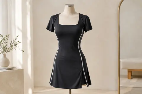Robe de tennis noire à manches courtes, encolure carrée, motif rayé et short intégré