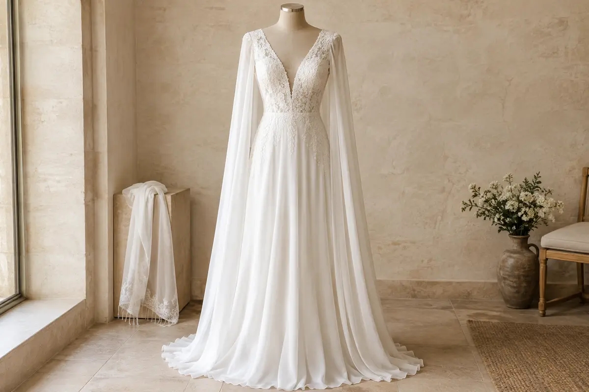 Robe longue blanche en dentelle et mousseline, avec double col V, manches cape et châle assorti