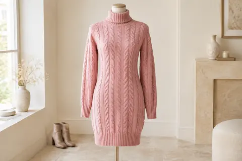 Robe pull rose en maille torsadée, col roulé et manches longues, présentée sur un mannequin sans tête.