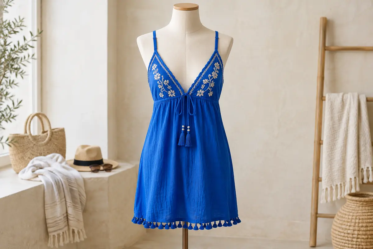 Robe de plage bleu saphir brodée, à col en V, bretelles réglables et ourlet à pompons, présentée sur mannequin.