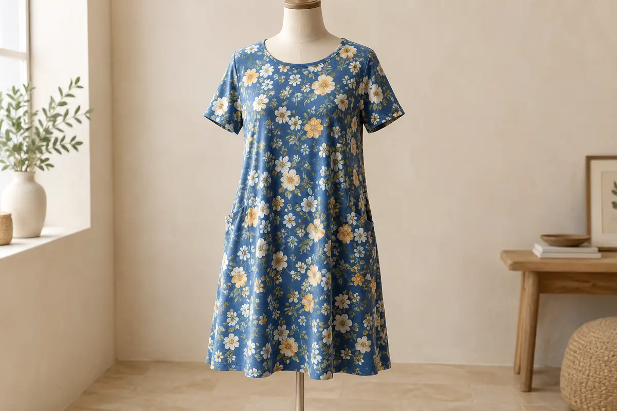 Robe tee-shirt bleue à fleurs, à manches courtes et coupe ample, présentée sur un mannequin sans tête