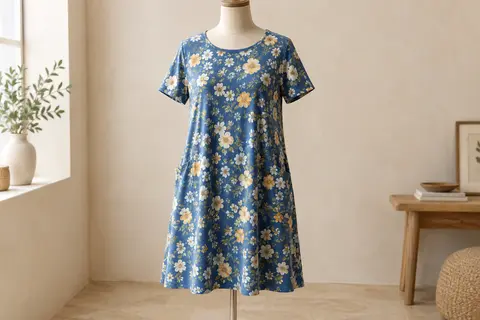 Robe tee-shirt bleue à fleurs, à manches courtes et coupe ample, présentée sur un mannequin sans tête