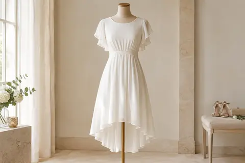 Robe cocktail blanche à taille empire plissée, manches volantées et ourlet haut-bas sur mannequin sans tête