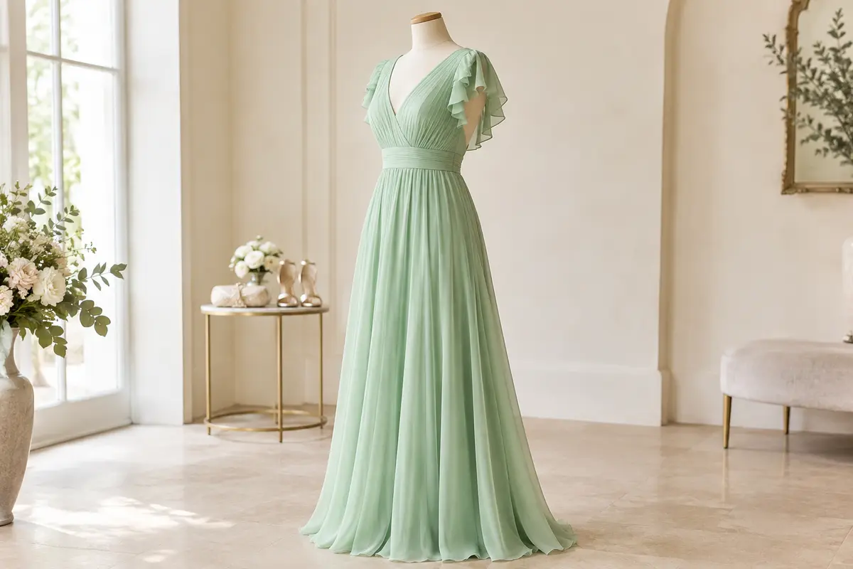 Robe longue vert menthe en mousseline, avec col V, manches volantées et dos ouvert, présentée seule sur un mannequin.