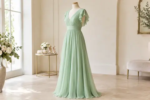 Robe longue vert menthe en mousseline, avec col V, manches volantées et dos ouvert, présentée seule sur un mannequin.