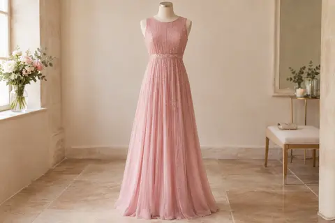 Robe de cérémonie rose en mousseline, avec col rond, coupe sans manches, taille empire et détails pailletés.
