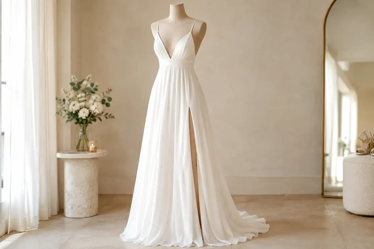 Robe blanche en mousseline à taille empire, décolleté en V, fines bretelles, dos nu et fente haute