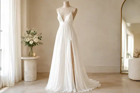 Robe blanche en mousseline à taille empire, décolleté en V, fines bretelles, dos nu et fente haute