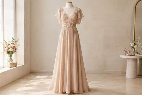 Robe longue beige en chiffon, avec col V, manches courtes à volants et appliqué décoratif à la taille.