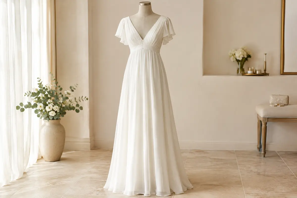 Robe longue blanche en chiffon sur mannequin sans tête, avec décolleté en V et manches à volants