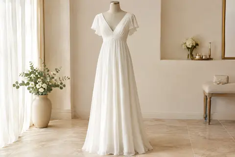 Robe longue blanche en chiffon sur mannequin sans tête, avec décolleté en V et manches à volants