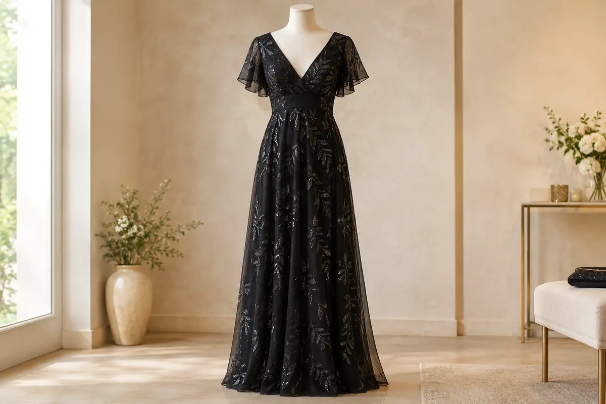 Robe longue noire à manches volantées, double décolleté en V et paillettes en feuilles sur mannequin de vitrine