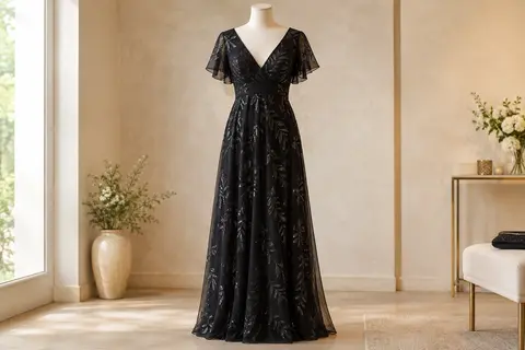Robe longue noire à manches volantées, double décolleté en V et paillettes en feuilles sur mannequin de vitrine