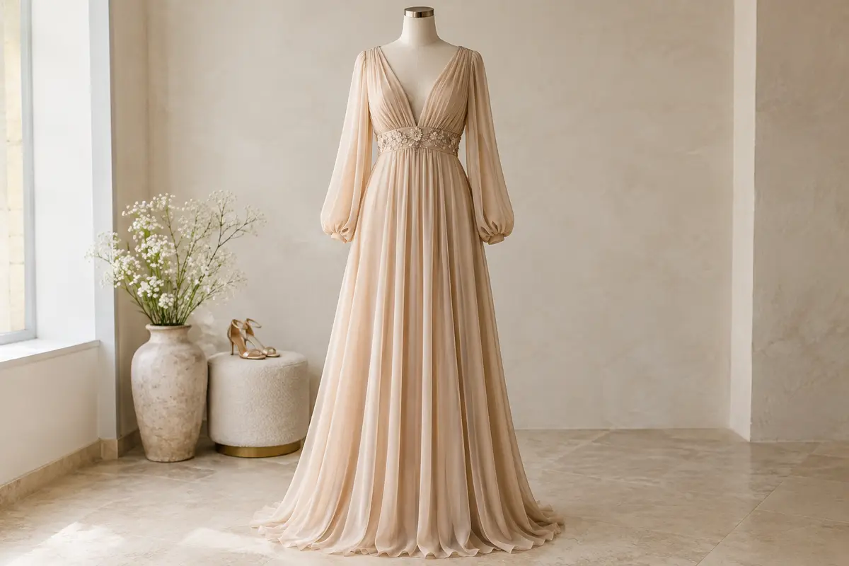 Robe longue beige en mousseline, à col V, manches bouffantes et taille empire, présentée sur un mannequin sans tête.