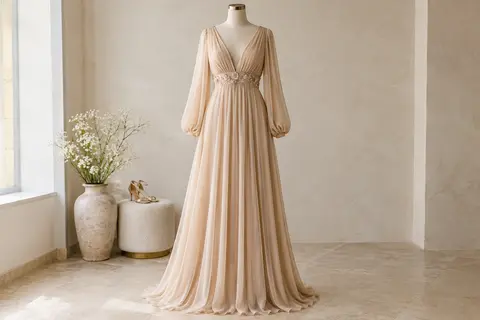Robe longue beige en mousseline, à col V, manches bouffantes et taille empire, présentée sur un mannequin sans tête.