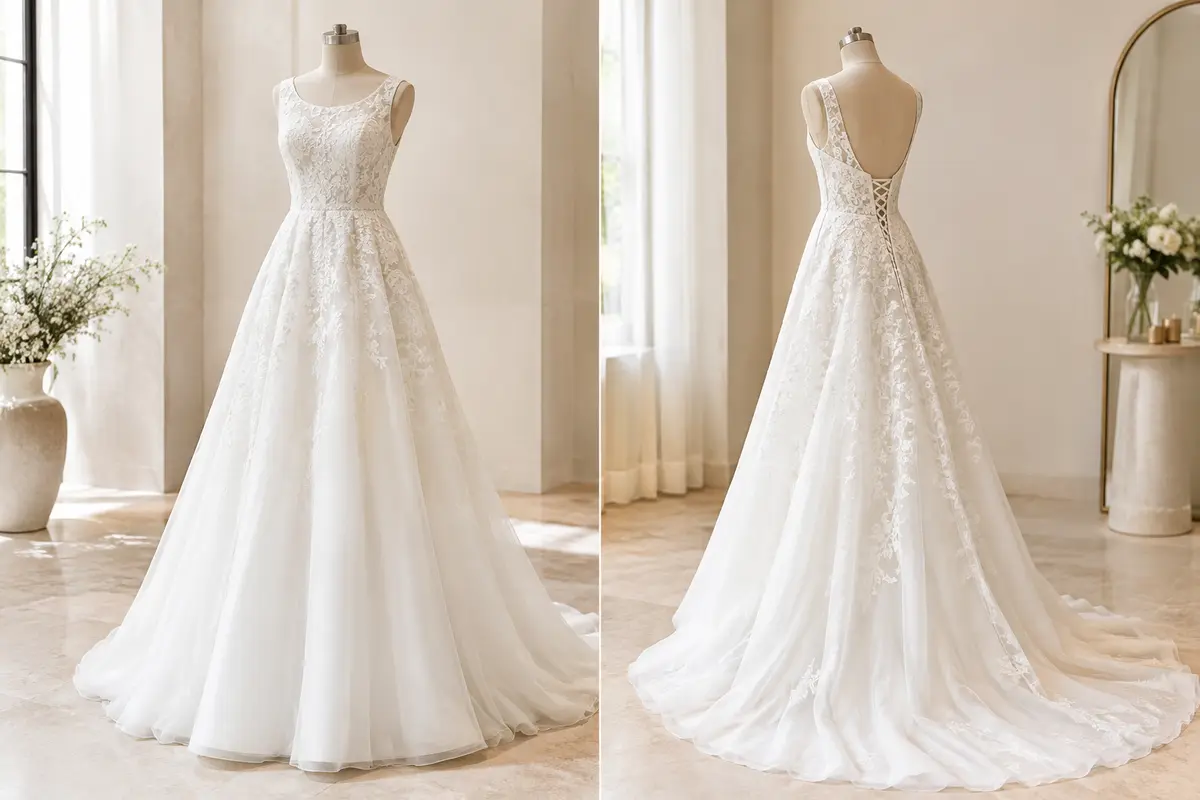 Robe de mariée longue blanche en dentelle, silhouette A-line et dos dégagé à lacets