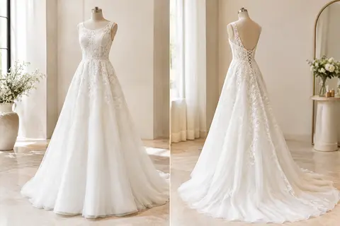 Robe de mariée longue blanche en dentelle, silhouette A-line et dos dégagé à lacets