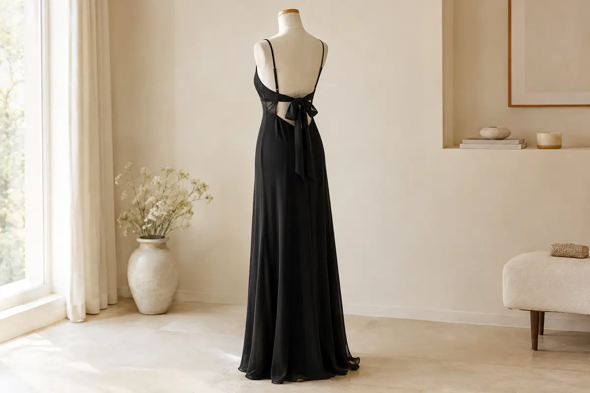 Robe longue noire à fines bretelles réglables et dos ouvert, présentée sur un mannequin sans tête dans un intérieur lumineux.