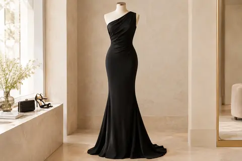 Robe de soirée noire longue et ajustée, à une épaule et à l’ourlet queue de poisson sur mannequin sans tête