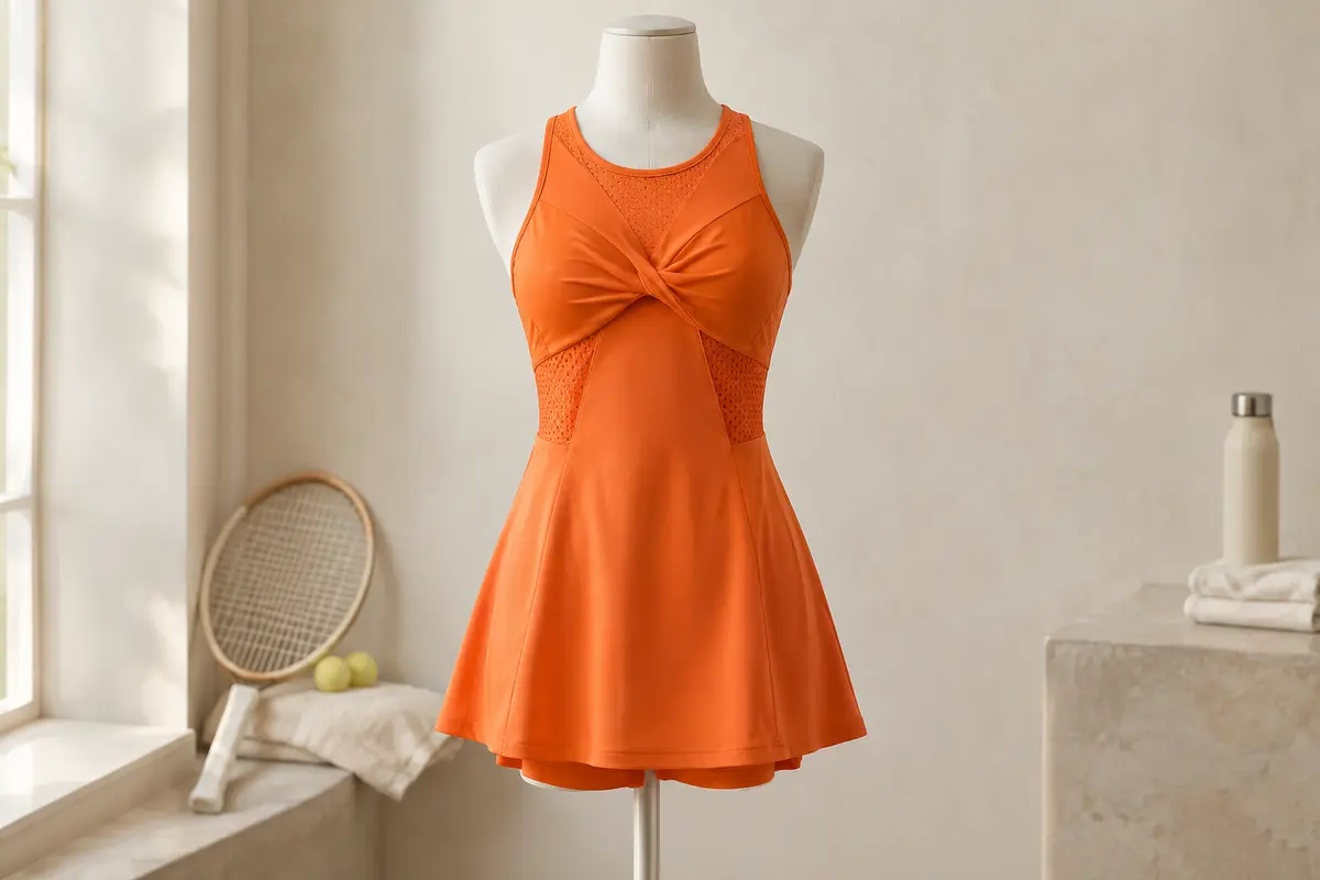 Robe de tennis orange à coupe trapèze, présentée sur un mannequin sans tête dans un intérieur lumineux