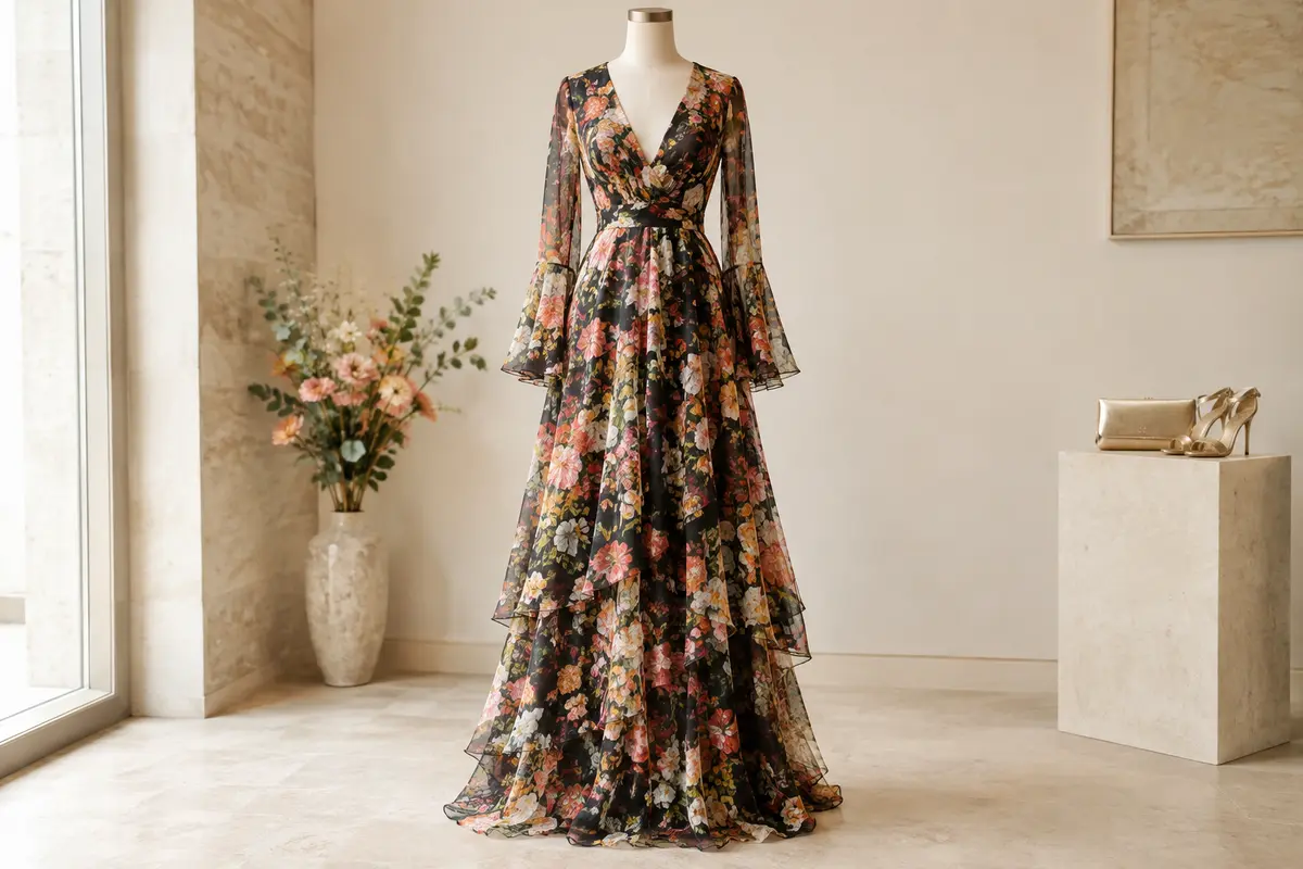 Robe longue à fleurs multicolores avec manches évasées et jupe en mesh à volants
