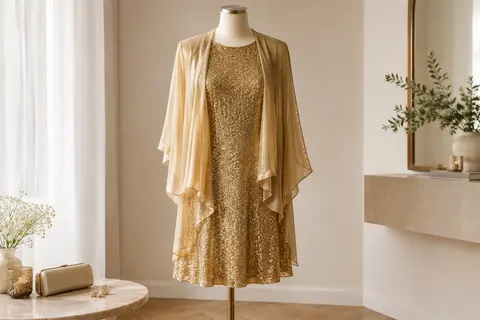 Ensemble doré composé d’une robe sans manches à paillettes et d’une veste légère en mousseline.