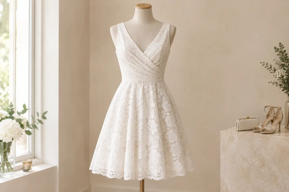 Robe cocktail blanche en dentelle florale, sans manches, à col V croisé et jupe évasée plissée.