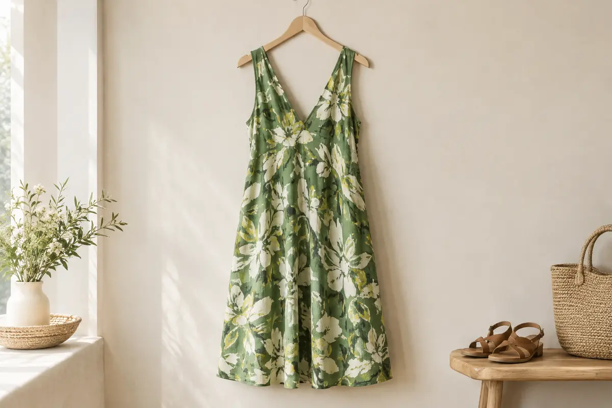Robe d’été verte à imprimé floral abstrait, sans manches, col V et coupe ample au genou.