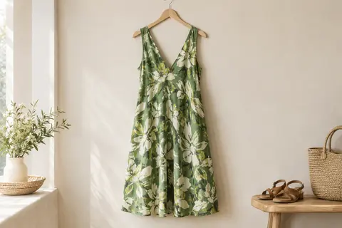 Robe d’été verte à imprimé floral abstrait, sans manches, col V et coupe ample au genou.