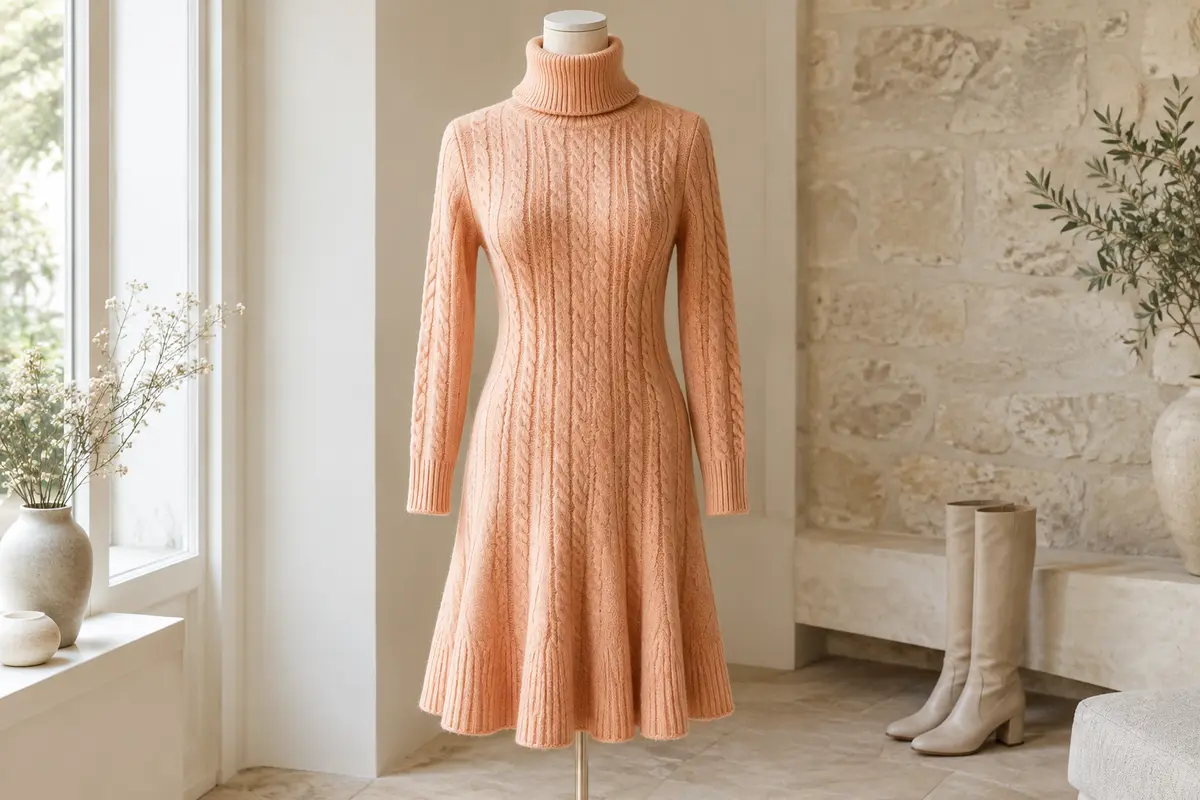 Robe pull abricot à col roulé, maille torsadée, manches longues et bas évasé sur mannequin sans tête