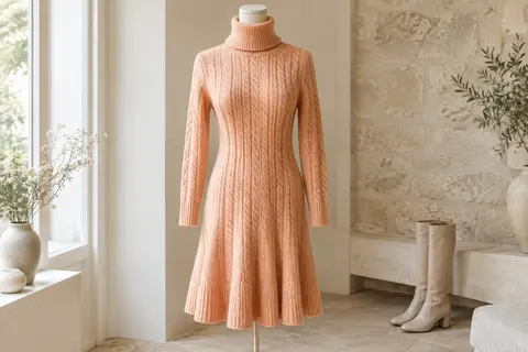 Robe pull abricot à col roulé, maille torsadée, manches longues et bas évasé sur mannequin sans tête