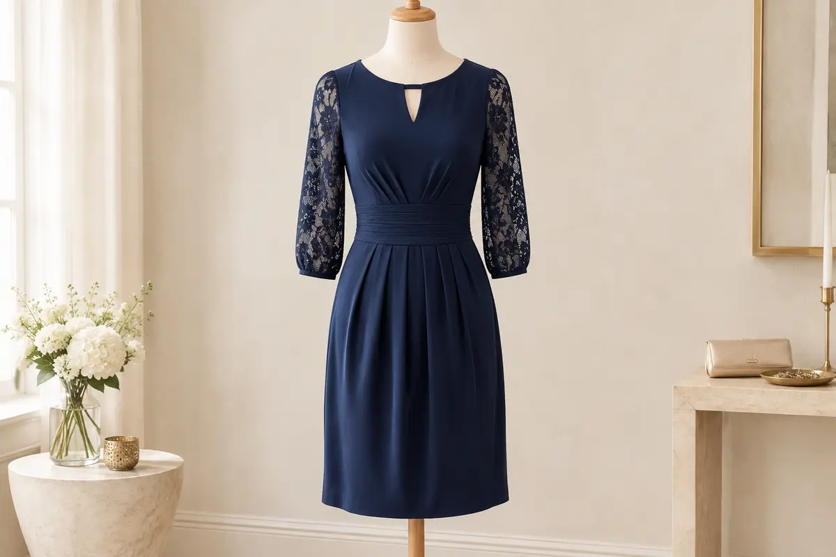 Robe de cocktail marine plissée, avec manches 3/4 en dentelle florale et longueur aux genoux