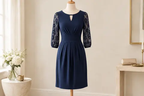 Robe de cocktail marine plissée, avec manches 3/4 en dentelle florale et longueur aux genoux