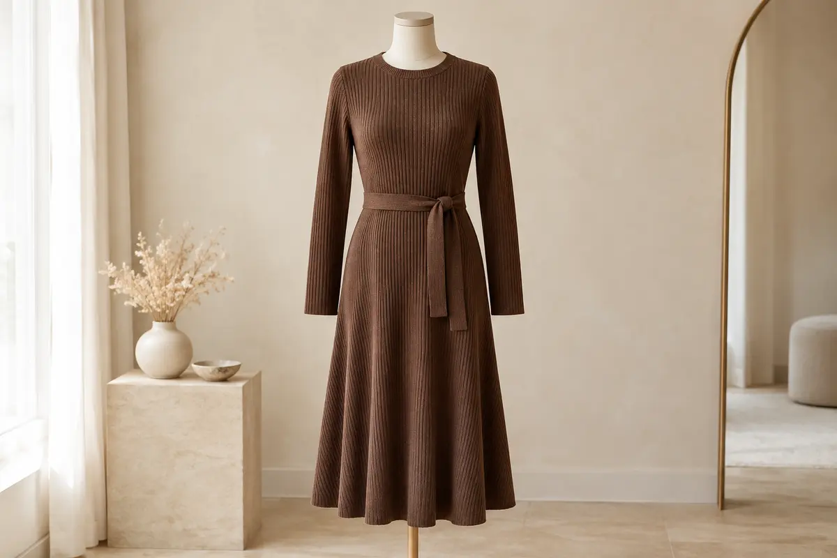 Robe pull marron en maille côtelée, à manches longues, coupe évasée et ceinture, sur mannequin sans tête.