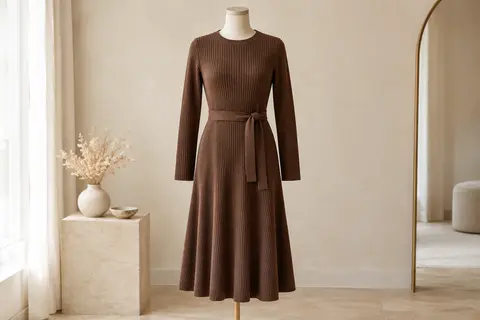 Robe pull marron en maille côtelée, à manches longues, coupe évasée et ceinture, sur mannequin sans tête.