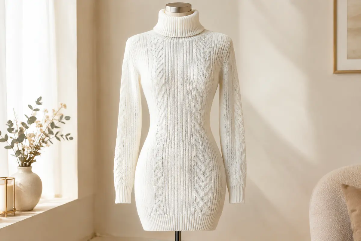 Robe pull blanche en maille à col roulé et manches longues présentée sur un mannequin sans tête.