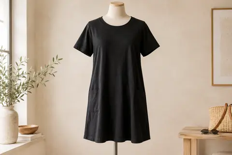 Robe tee-shirt noire en coton, à manches courtes, col rond et poches, présentée sur un mannequin sans tête.