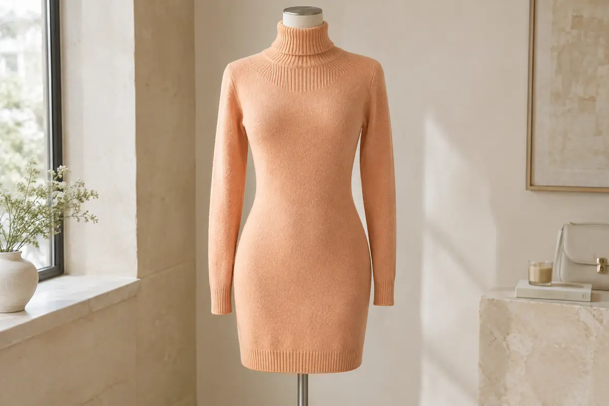 Robe pull abricot à col roulé et manches longues, présentée sur un mannequin de vitrine sans tête.
