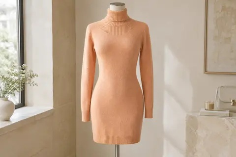 Robe pull abricot à col roulé et manches longues, présentée sur un mannequin de vitrine sans tête.
