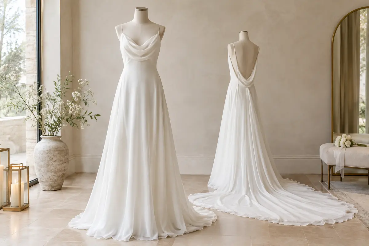 Robe de mariée longue blanche en mousseline, ligne A, avec traîne et dos nu sur mannequin sans tête