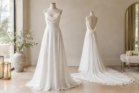 Robe de mariée longue blanche en mousseline, ligne A, avec traîne et dos nu sur mannequin sans tête