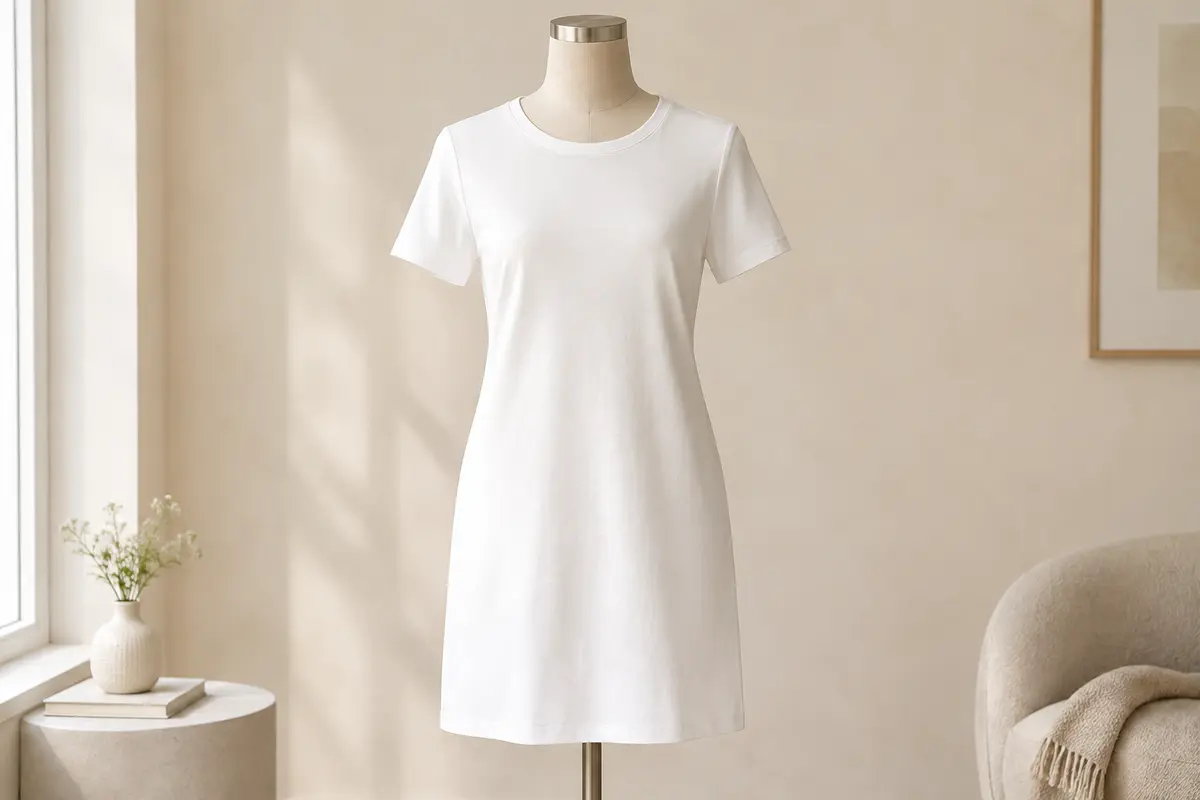 Robe tee-shirt JDY unie Cloud Dancer, à col rond, manches courtes et coupe droite