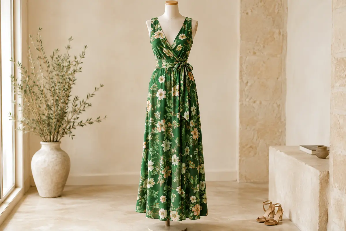 Robe longue portefeuille fleurie verte sans manches présentée sur un mannequin de vitrine sans tête dans un intérieur lumineux.
