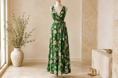 Robe longue portefeuille fleurie verte sans manches présentée sur un mannequin de vitrine sans tête dans un intérieur lumineux.