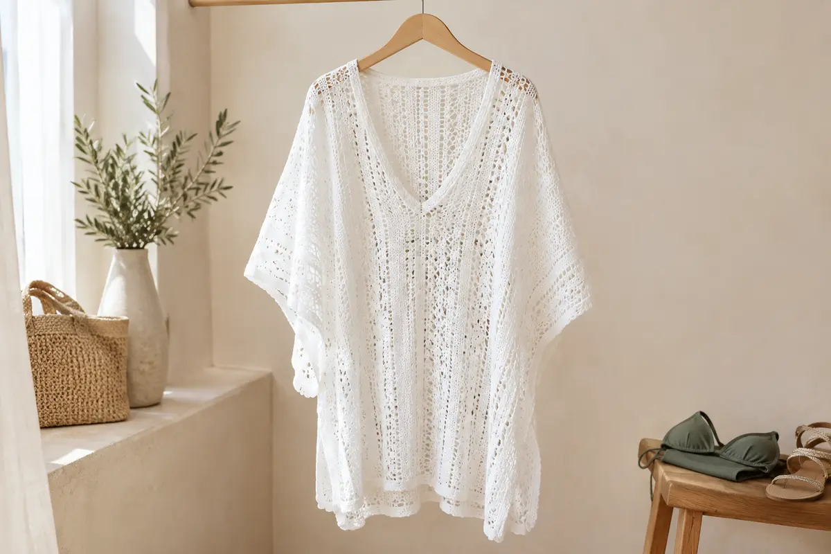 Tunique de plage blanche à motif ajouré, suspendue sur un cintre dans un intérieur lumineux.