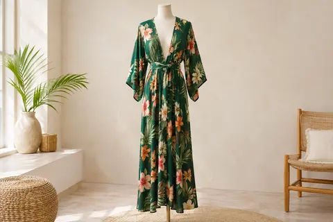 Robe de plage kimono longue vert foncé à imprimé floral, présentée ceinturée sur un mannequin sans tête.