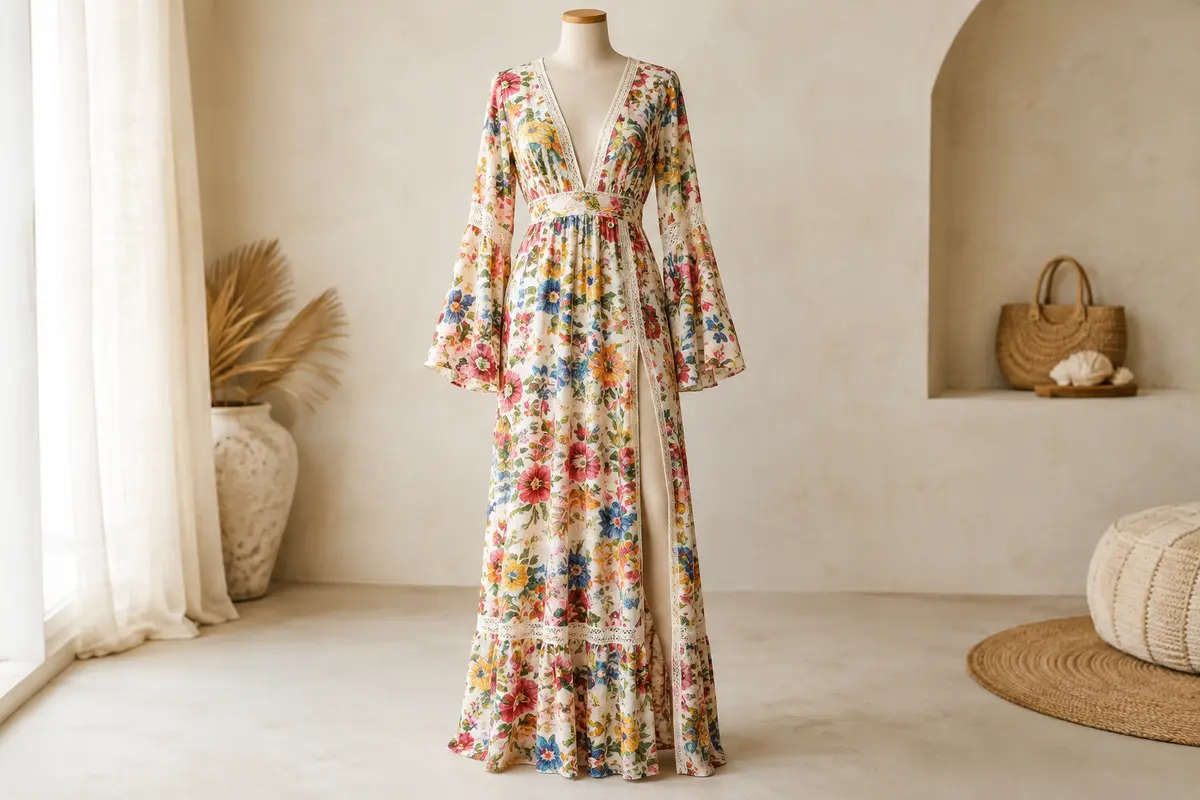 Robe maxi à fleurs multicolores avec manches papillon, fente latérale et détails de dentelle
