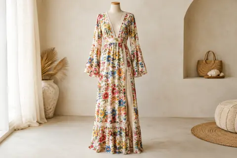 Robe maxi à fleurs multicolores avec manches papillon, fente latérale et détails de dentelle