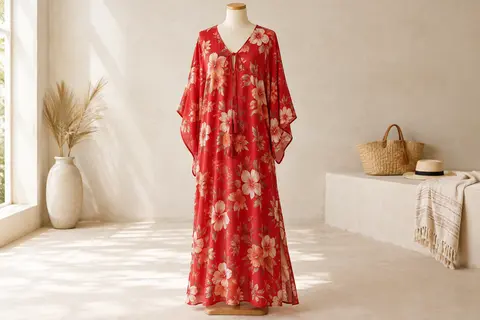 Caftan long rouge à motif floral, col en V et coupe ample présenté sur un mannequin sans tête.