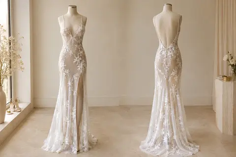 Robe longue blanche en mesh à fleurs, avec bretelles, fente et dos nu, présentée sur un mannequin sans tête.